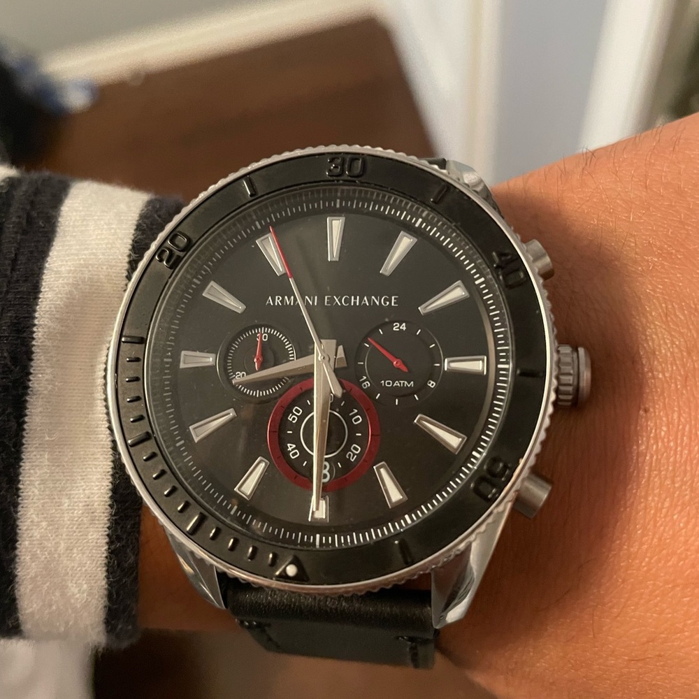 Armani Exchange. Black And Stainless Steel. Leather Band.